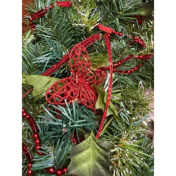 Handmade Large 26” Christmas Wreath Butterfly Lights Beads Poinsettia Wire Back - Picture 3 of 11